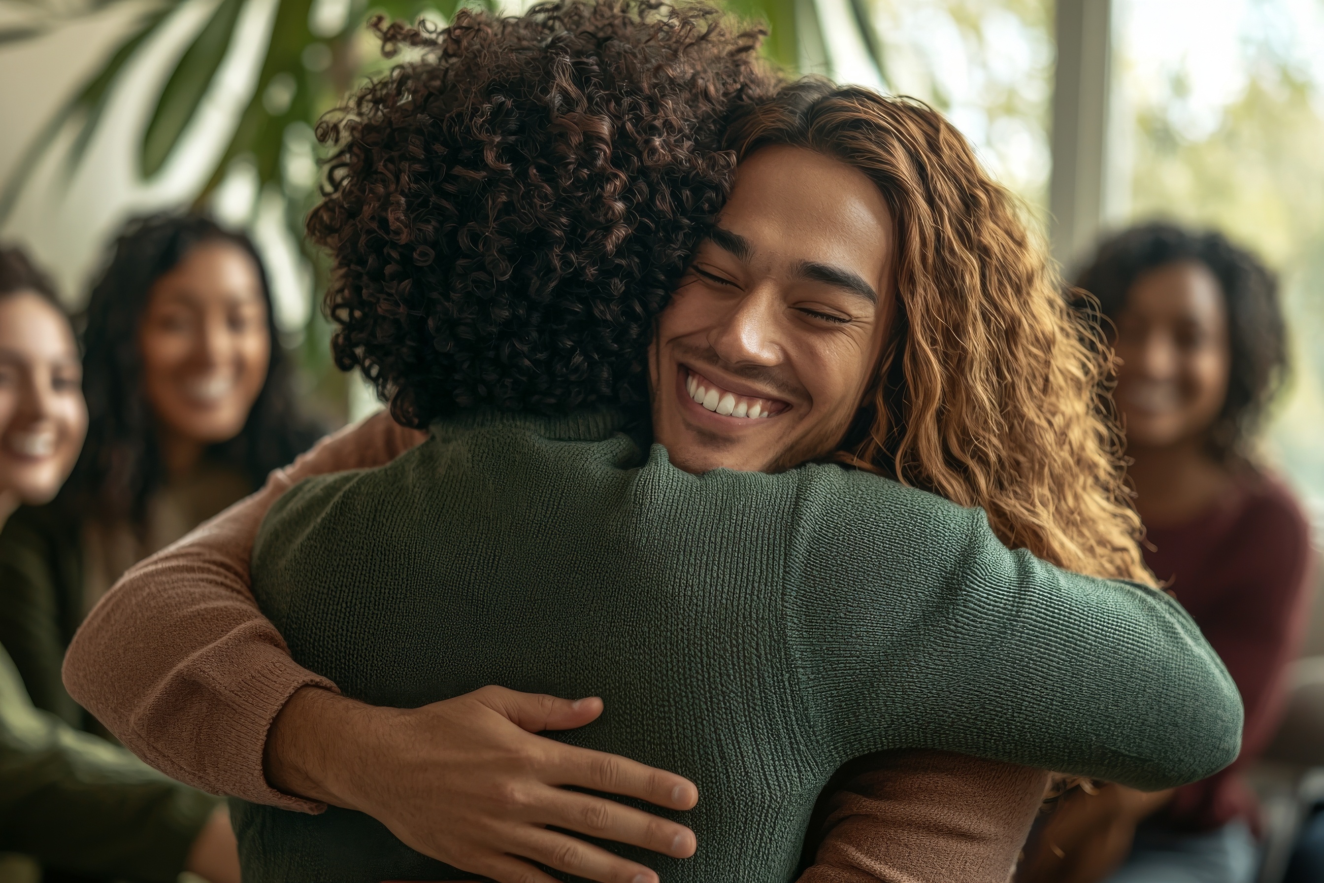 An African American man and his diverse support community of friends gather at a mental health therapy meeting to hug and congratulate a teammate who has returned after a long time, recognizing their AdobeStock 1380363879