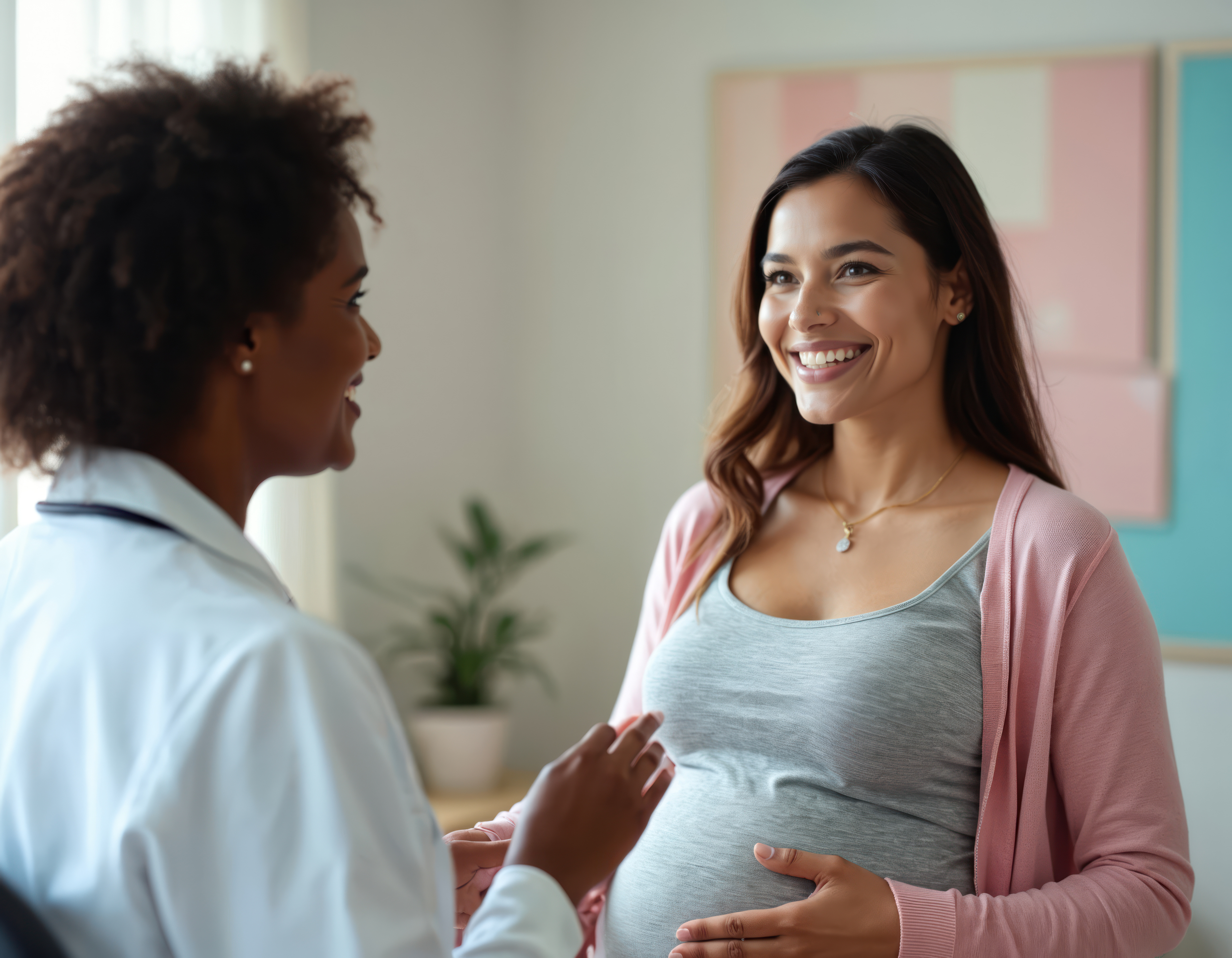 A hispanic pregnant woman listening to her addiction treatment specialist talking about navigating her opioid use disorder.