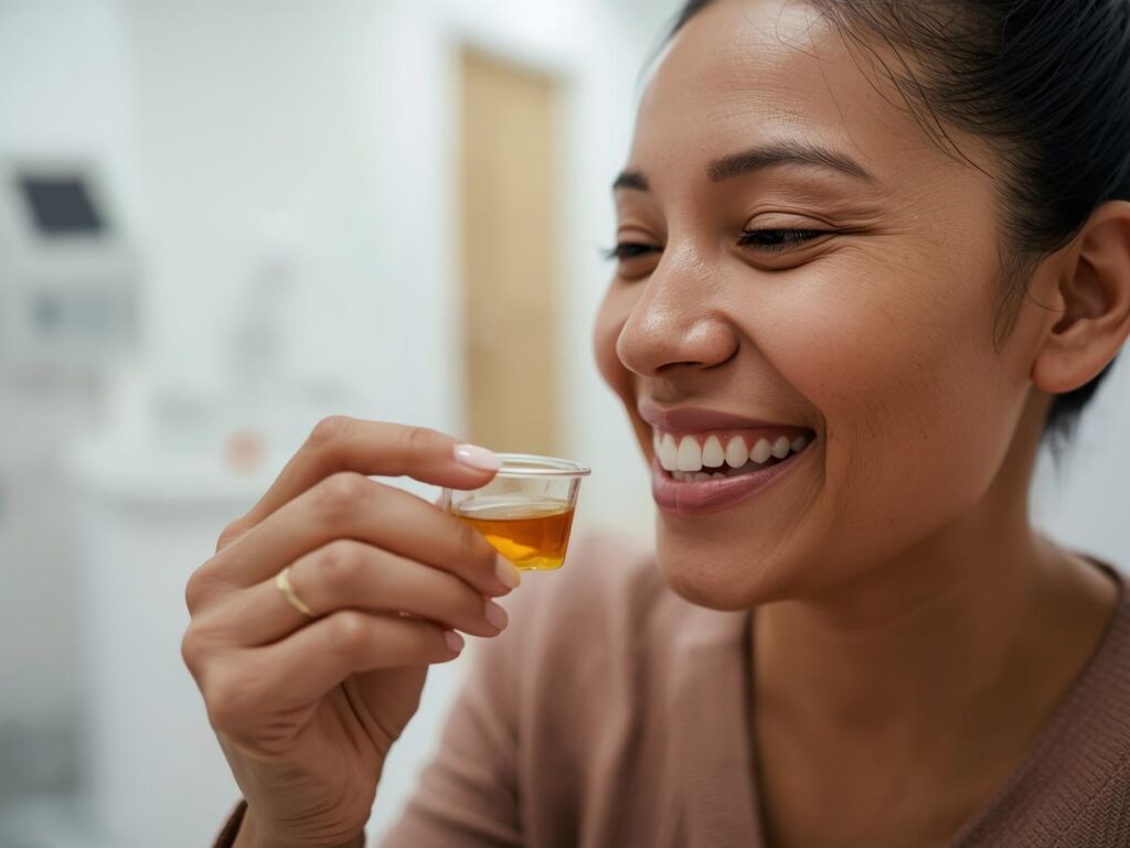 Hero woman happily drinking daily methadone dose at a treatment center ff51c2