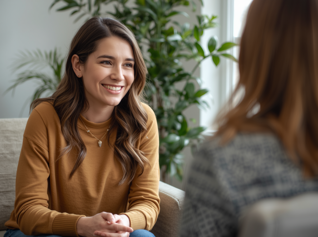 Secondary image Happy woman speaking with mental health counselor d9ef8f